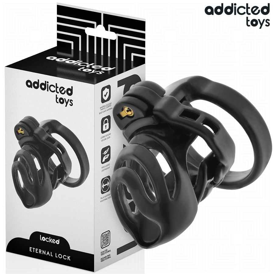 Jaula para pene ADDICTED TOYS LOCKED, tamaño 9 cm, de color negro, con cierres de seguridad y diseño ajustado para restricción segura.