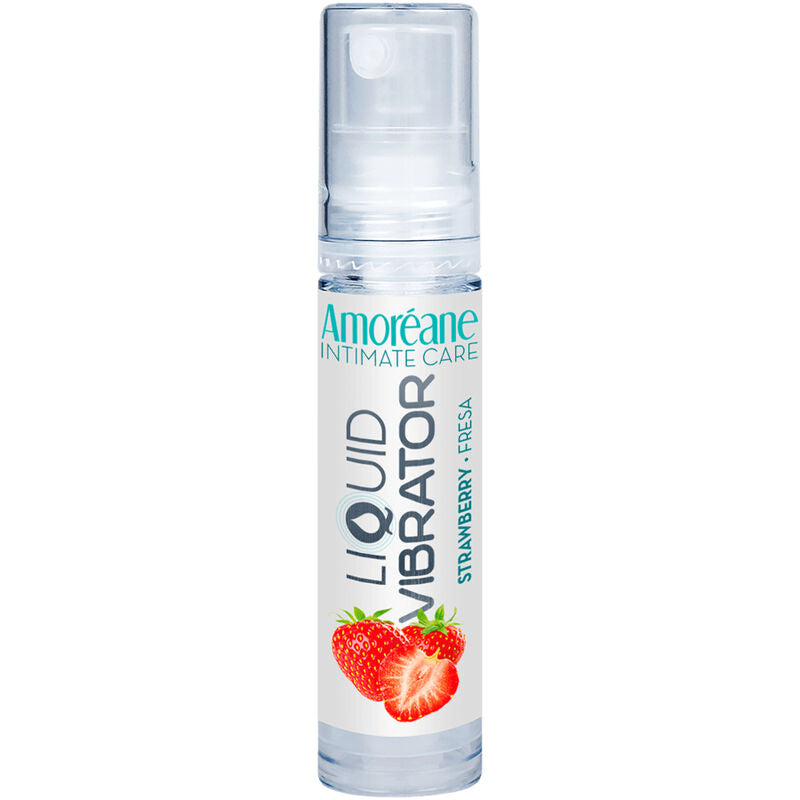 Vibrador líquido de fresa AMOREANE, frasco de 10 ml con envase transparente y etiqueta blanca, ideal para uso íntimo.