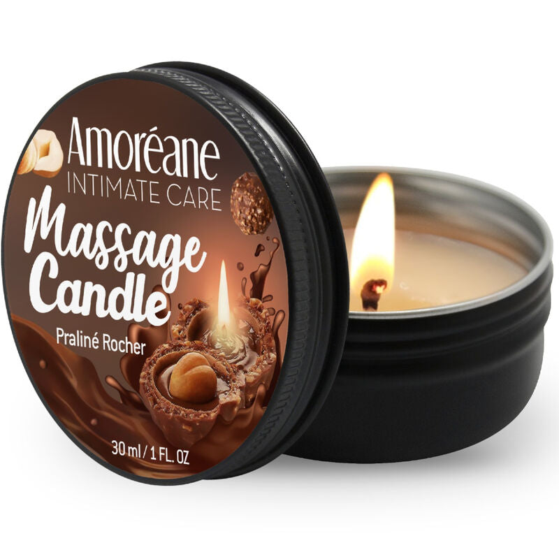 Vela de masaje Praliné Rocher de la marca Amoreane, envase de 30 ml con vela aromática y textura cremosa para masajes relajantes