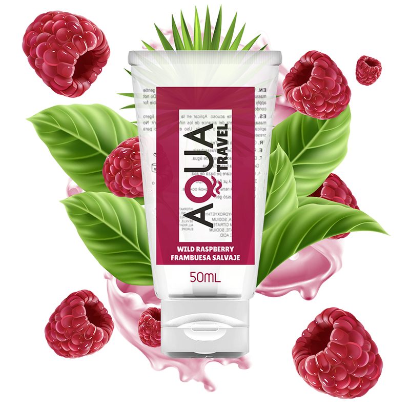 Lubricante base agua AQUA TRAVEL sabor frambuesa salvaje, envase de 50 ml con botella y etiqueta visible.