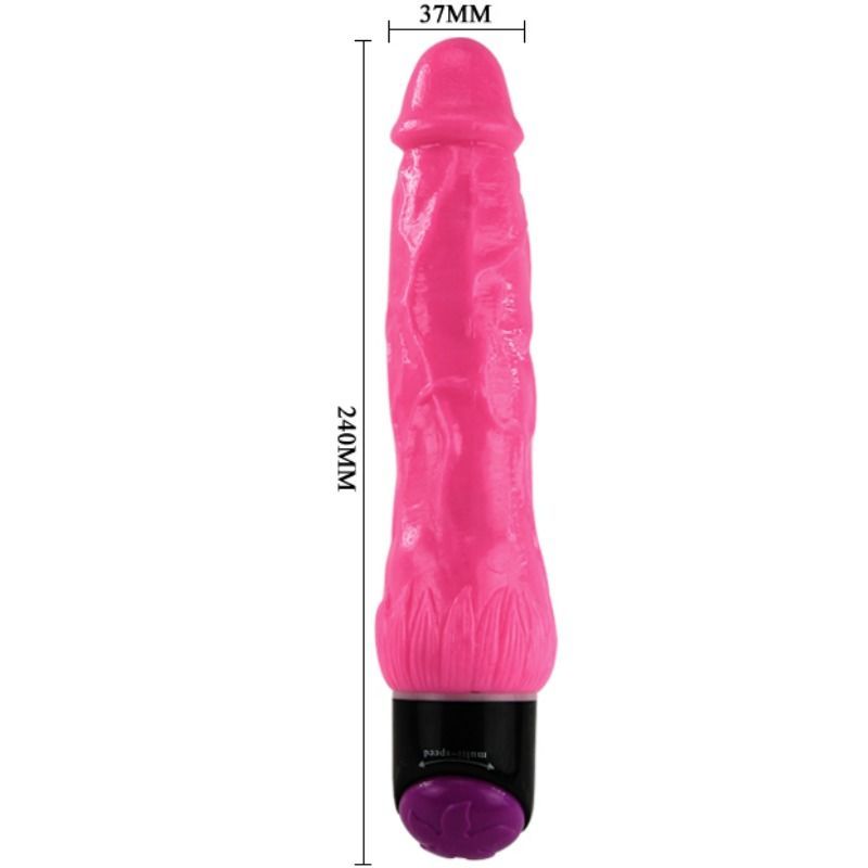 Vibrador sexual realista de color lila, marca BAILE, de 24 cm, con diseño colorido y textura detallada para placer.