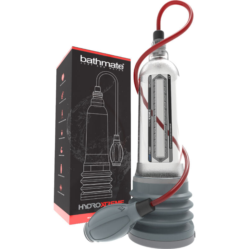 Bomba para pene Bathmate HydroXtreme 11 de la marca Bathmate, muestra la bomba en uso con detalles visibles.