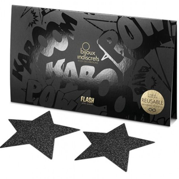Black star-shaped pezoneras by Bijoux from the Flash Collection, showcasing a stylish design for body adornment.