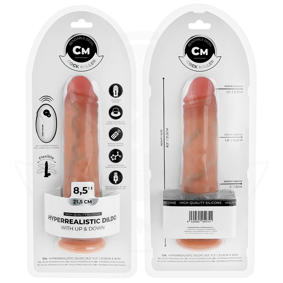 Dildo hiperrealista de 21,5 cm de la marca COCK MILLER con ventosa y función thrusting con control remoto.