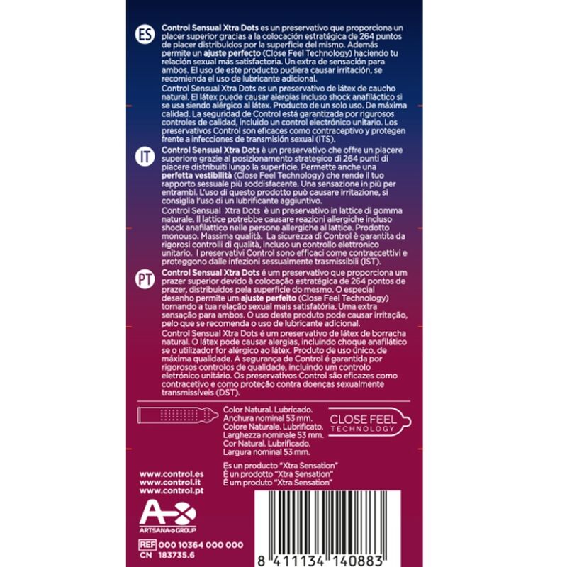 Condones CONTROL XTRA DOTS de 12 unidades con puntos estimulantes para mayor sensibilidad y placer.