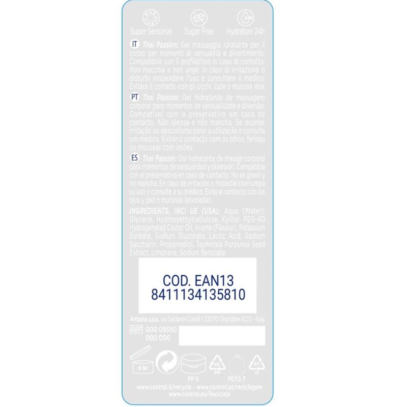 Gel de masaje y placer Thai Passion de CONTROL LUBES, envase de 200 ml, con textura suave y aroma exótico.