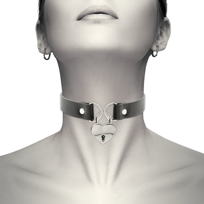 Vegan leather collar with heart and key accessory by Coquette Accessories, showcasing stylish design and unique details.