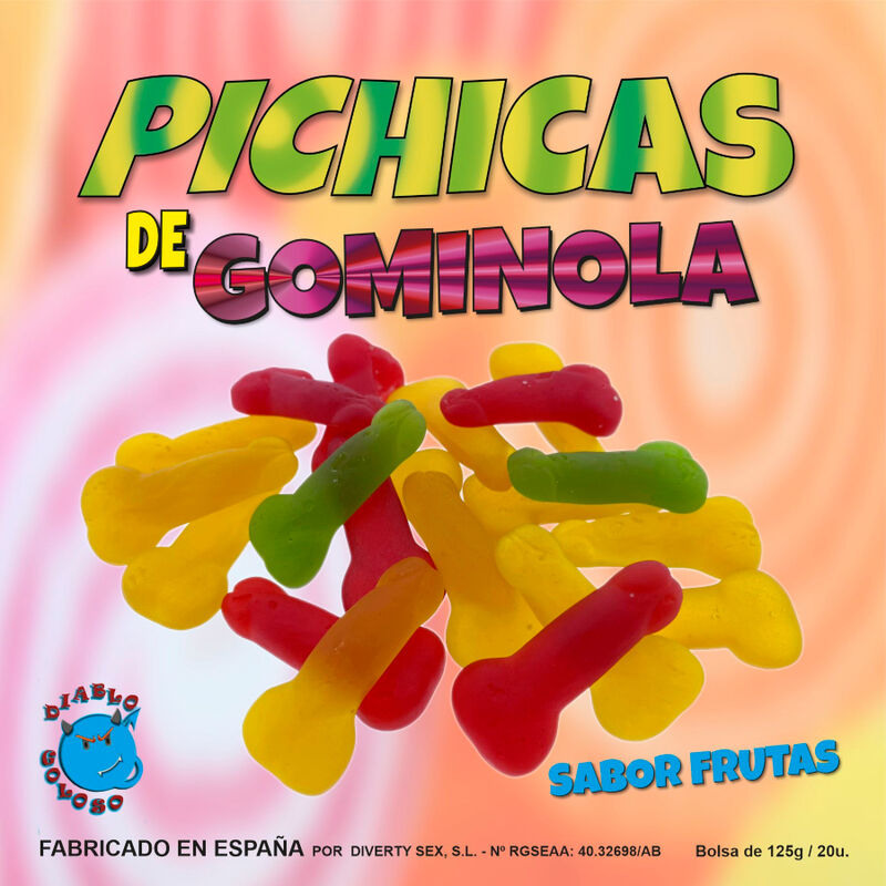 Diablo Goloso pichitas de gominola frutas, colorful gummy candies shaped like small fruit slices on a white background.
