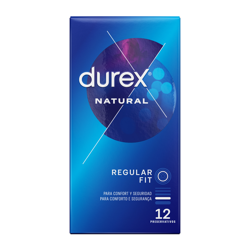 Condones Durex Natural Plus en caja de 12 unidades, con empaque y detalles del producto visibles.