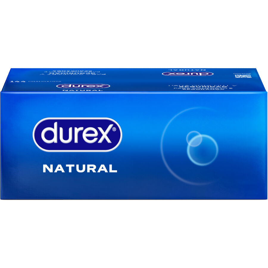 Preservativos Durex Naturales en caja de 144 unidades, lubricados y seguros para uso sexual.