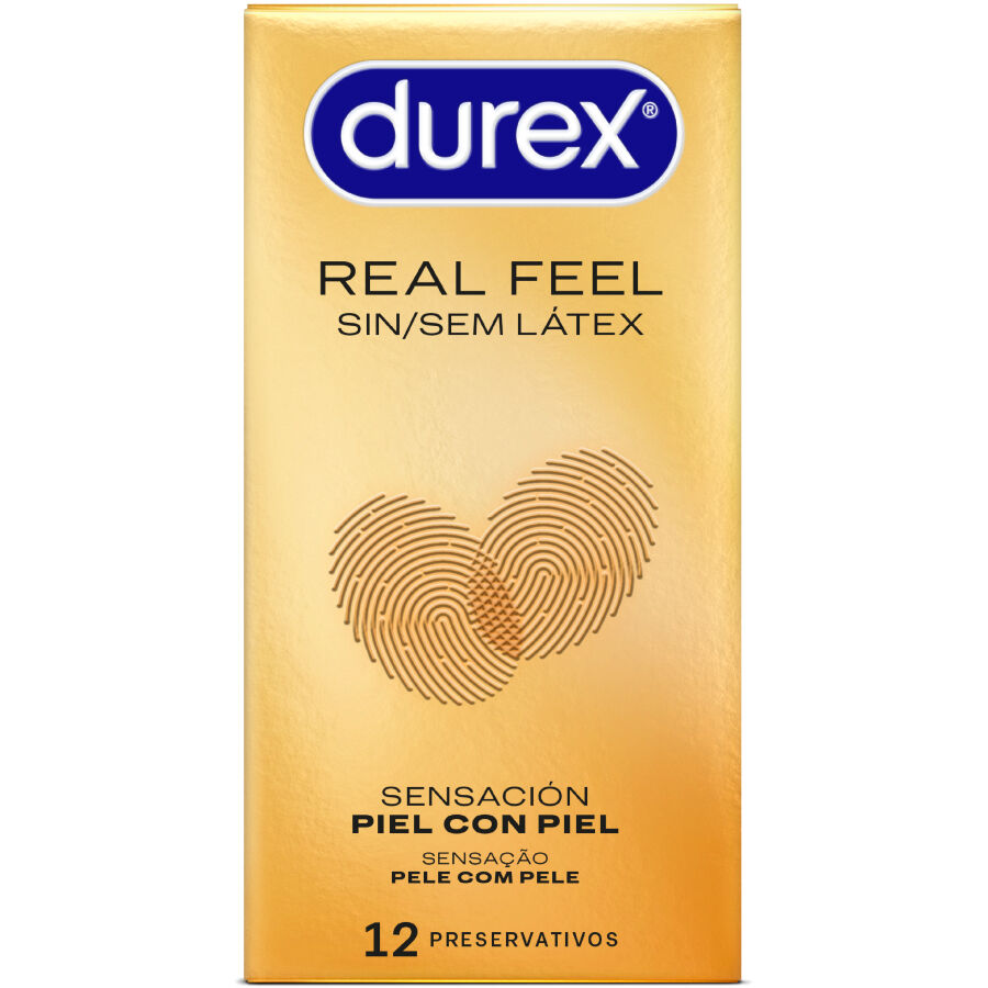 Condones Durex Real Feel sin látex, paquete con 12 unidades, envase con condones transparentes y sin textura visible.