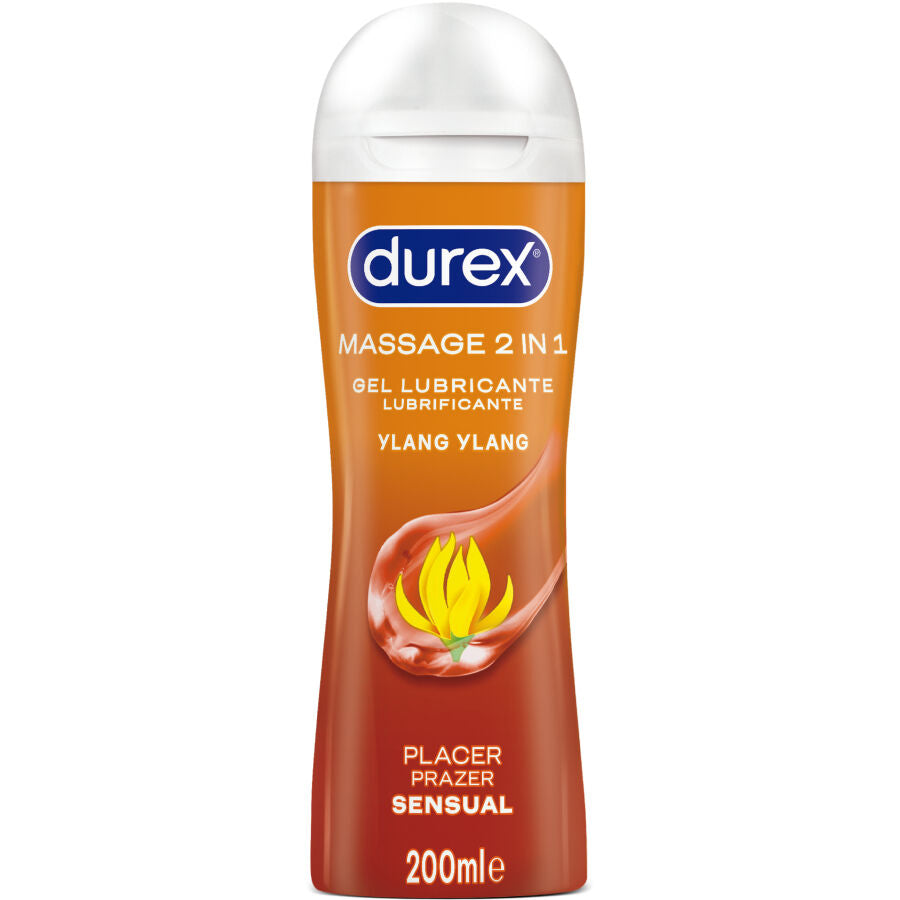 Durex sensual massage gel with ylang ylang in a 200 ml bottle, featuring a smooth, transparent texture.