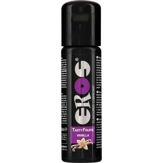 EROS Tasty Fruits vanilla lubricant in a 100 ml bottle, featuring a vibrant design and easy-to-use flip-top cap.