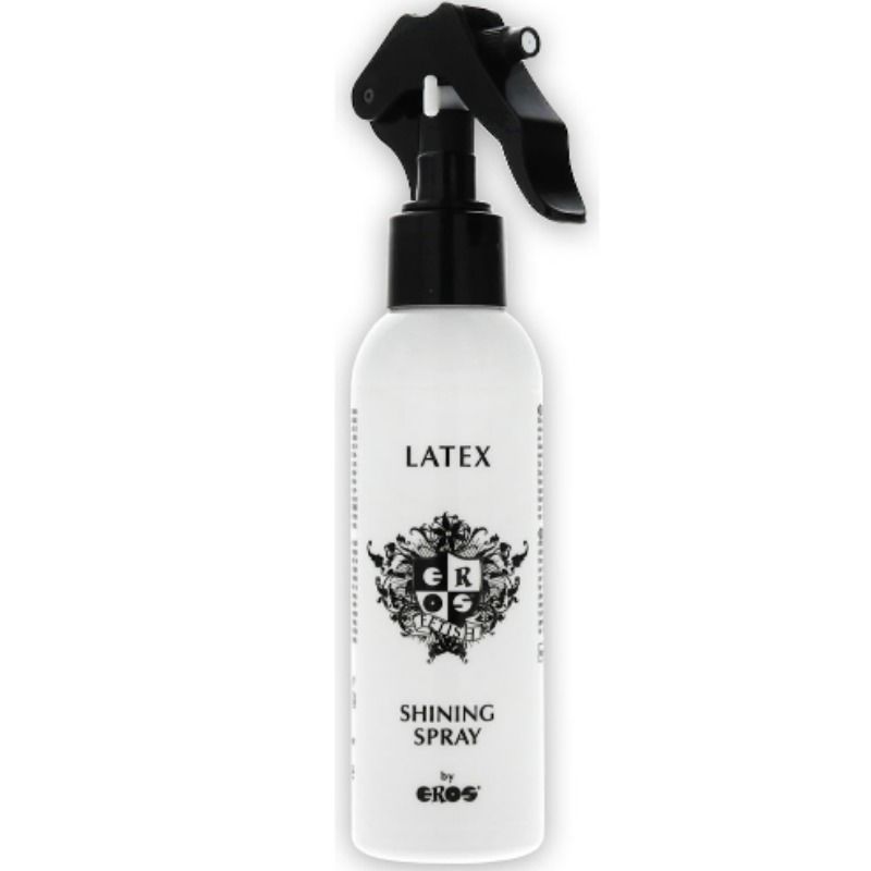 EROS FETISH LINE latex clothing shine spray in a 150 ml bottle, featuring a sleek design and vibrant label.