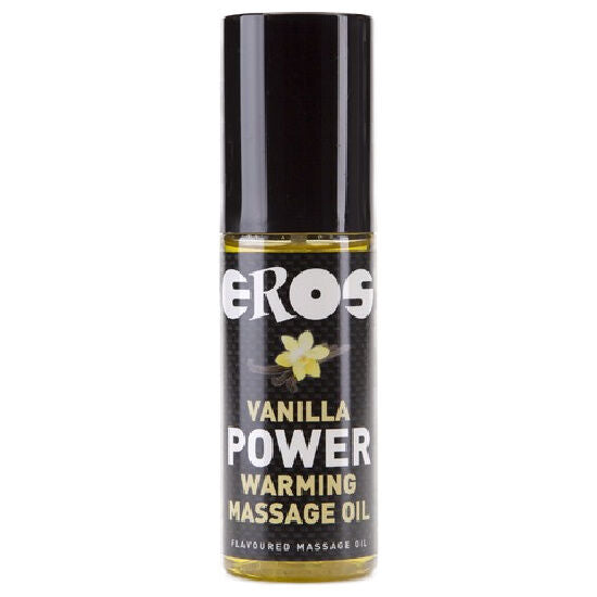 EROS POWER LINE Power Aceite Masaje E. Calor 100ml bottle with warm oil for massage, featuring a sleek design.