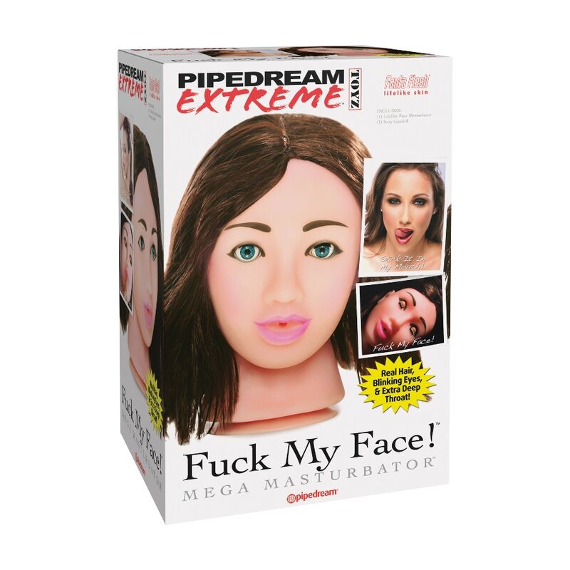 EXTREME TOYZ Fuck Me Mega Masturbator featuring a realistic design with detailed facial features and a lifelike appearance.