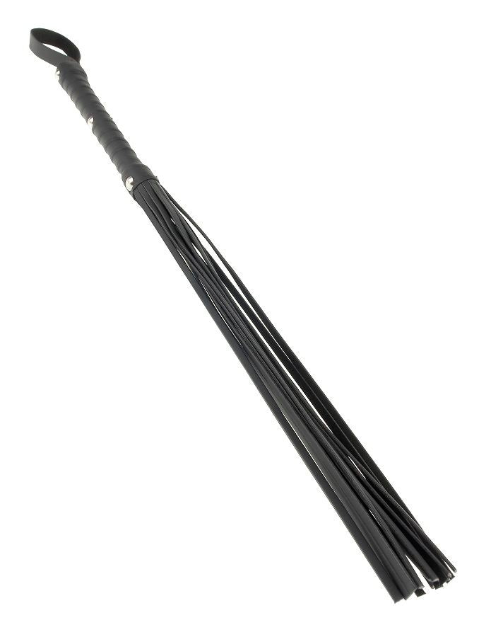 Black leather flogger from Fetish Fantasy Limited Edition, showcasing its long, soft tails and sturdy handle.