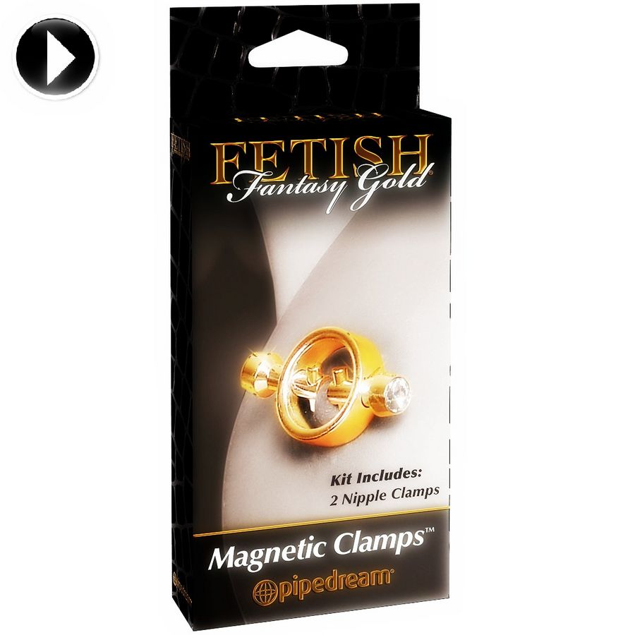 Fetish Fantasy Gold nipple clamps with adjustable tension and gold-tone finish on a soft background.
