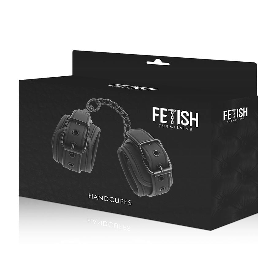 Esposas de cuero vegano con forro de neopreno de la marca FETISH SUBMISSIVE BONDAGE, ideales para juegos de restricción y BDSM.
