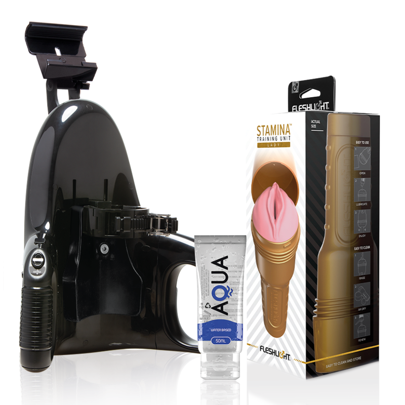 Fleshlight Pink Lady, unidad de entrenamiento, lanzador universal y lubricante Aqua Quality 50 ml en imagen.