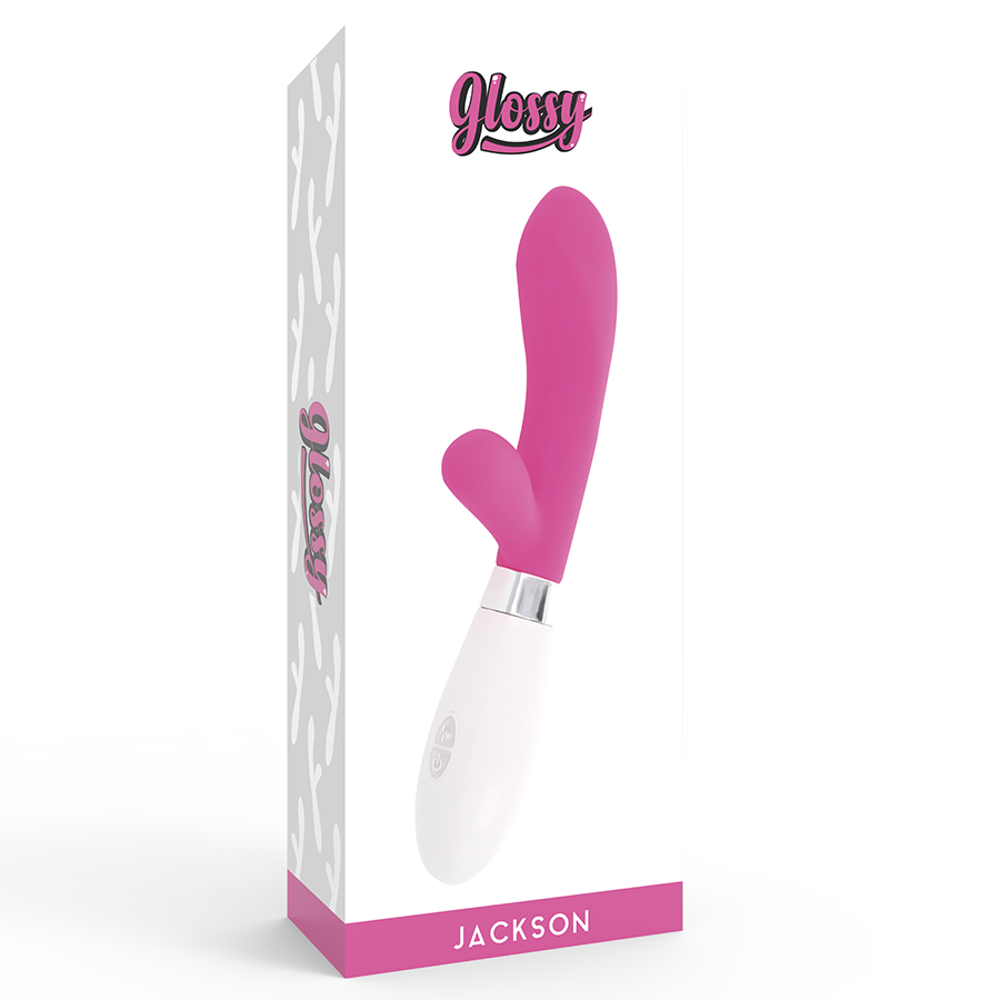 Conejo rosa de GLOSSY Jackson Rabbit, con acabado brillante y detalles suaves, ideal para uso decorativo o como juguete.