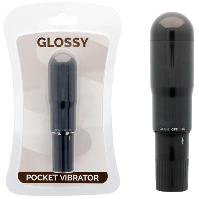 Vibrador de bolsillo negro GLOSSY, compacto y con acabado brillante, ideal para uso personal y discreto.