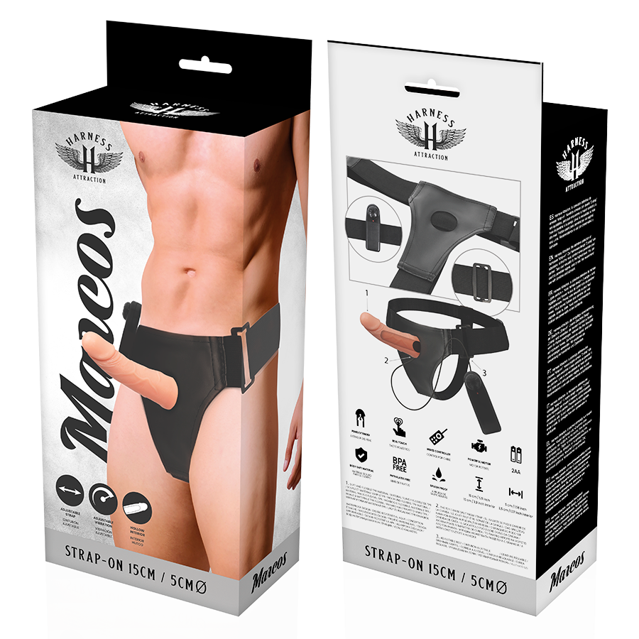 Arnés Attraction con vibrador de 15 cm y 5 cm, arnés hueco de marca HARNESS ATTRACTION, para placer y estimulación.