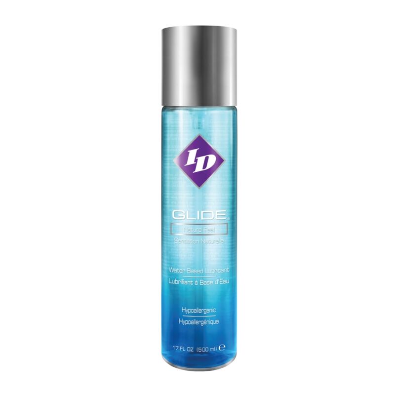 ID GLIDE water-based lubricant 500ml bottle with a sleek design and easy-to-use flip-top cap on a neutral background.
