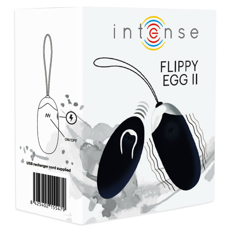 Huevo recargable Flippy II negro de INTENSE COUPLES TOYS con control remoto, diseñado para placer íntimo y diversión en pareja.