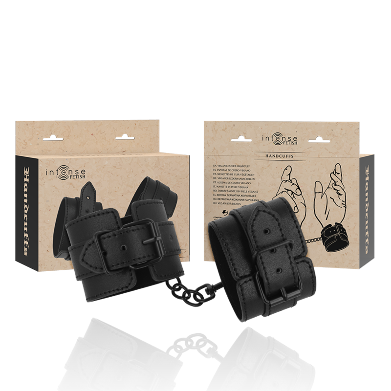 Esposas de cuero vegano INTENSE FETISH, accesorios de BDSM con cierre metálico y diseño resistente para juegos de dominación.