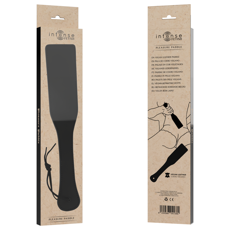 Pala de cuero vegano INTENSE FETISH con mango resistente, diseñada para juegos BDSM y actividades de restricción.