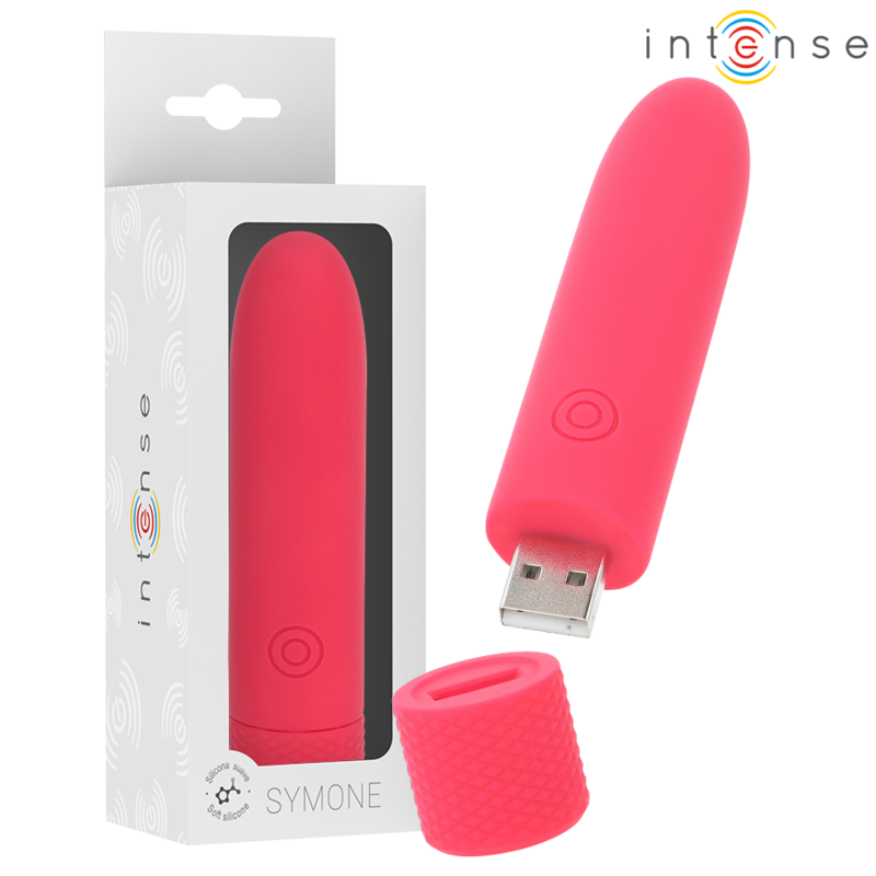 Vibradora recargable por USB INTENSE SYMONE en color rojo, 8 funciones de vibración, tamaño 10x2.2 cm.