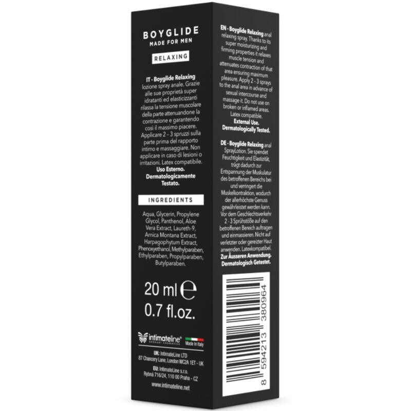 Spray relajante anal Intimateline Boyglide en envase de 20 ml, con botella y aplicador visible.