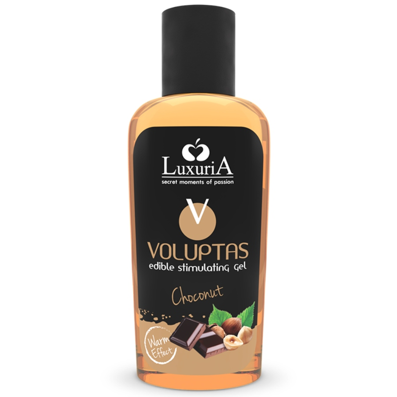 Gel de masaje comestible INTIMATELINE LUXURIA Voluptas Choconut, efecto calor, 100 ml, envase con tapa y textura cremosa visible.
