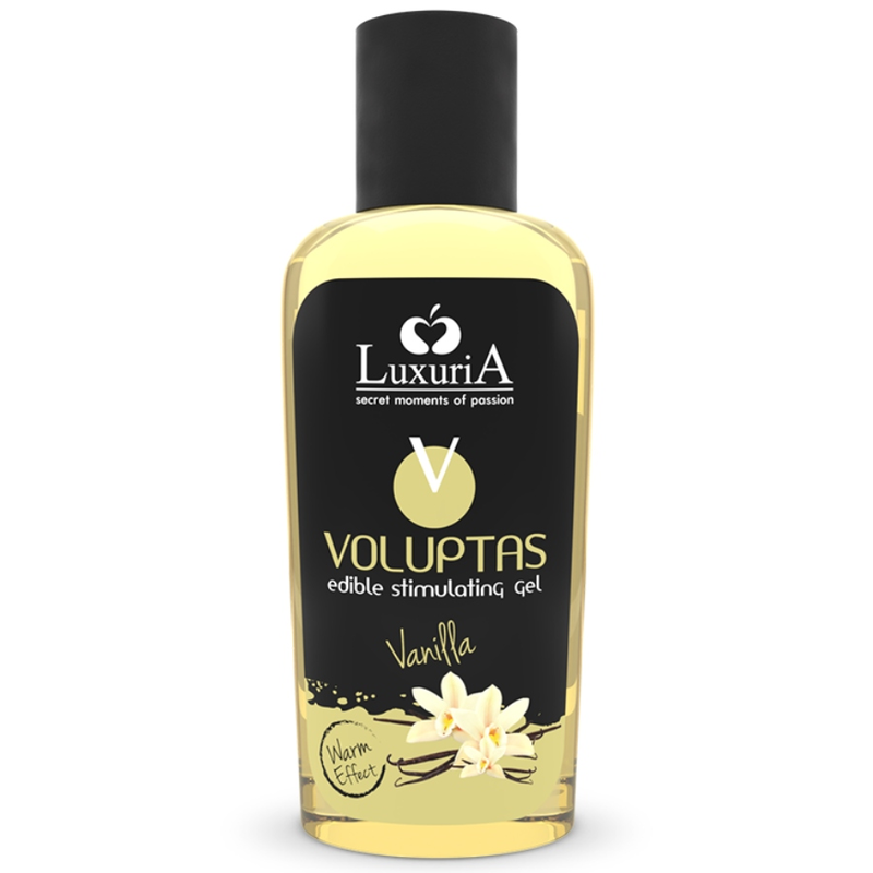Gel de masaje comestible INTIMATELINE LUXURIA Voluptas con efecto calor y aroma a vainilla, 100 ml, en frasco transparente
