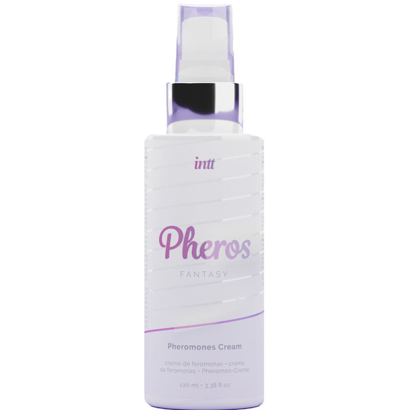 Crema para cabello y piel INTT PHEROS FANTASY con feromonas, envase con textura suave y diseño elegante.