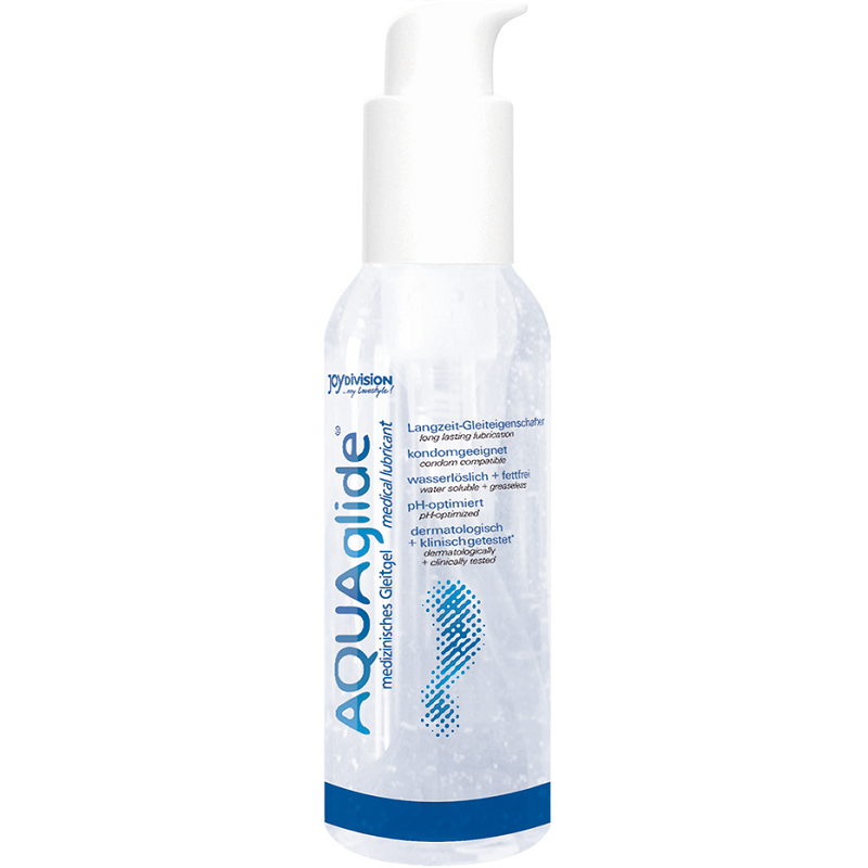 Lubricante JOYDIVISION AQUAGLIDE con dosificador, 125 ml, frasco de gel transparente para uso íntimo y suave contacto.