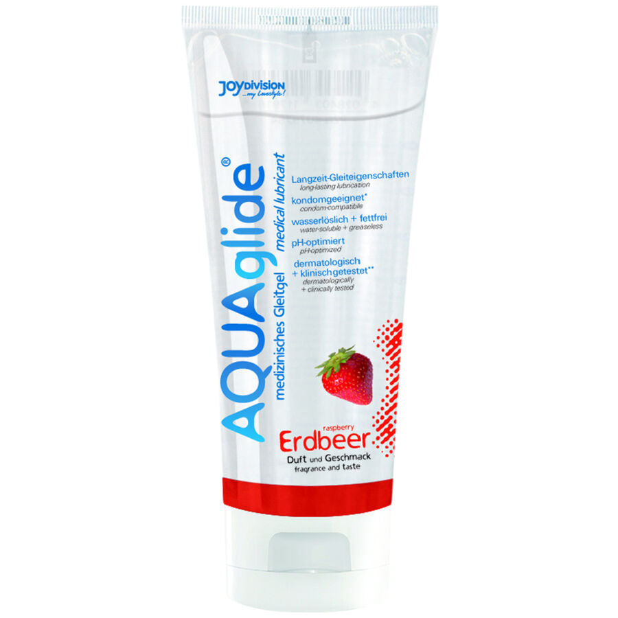 JOYDIVISION AQUAGLIDE strawberry-flavored lubricant in a 100 ml bottle with a sleek design and colorful label.