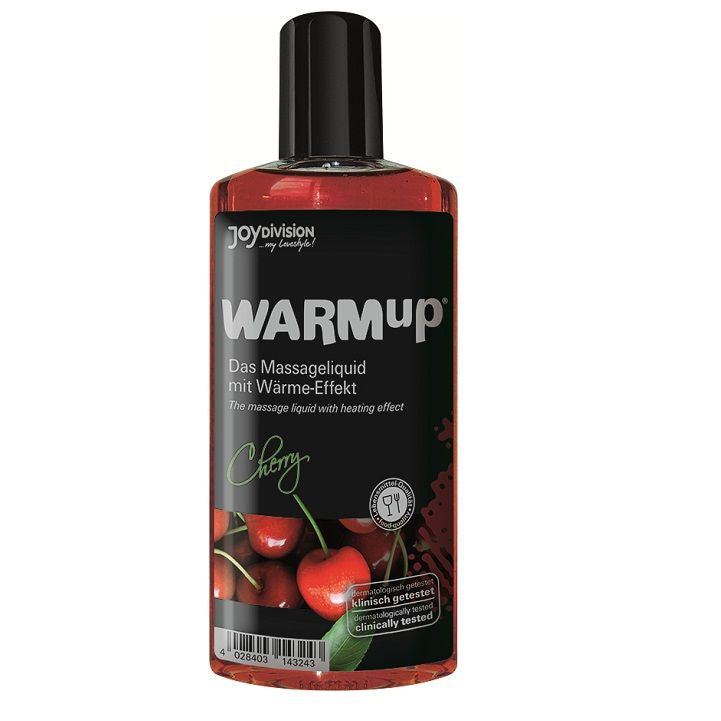 Aceite de masaje JOYDIVISION WARMUP efecto calor con aroma a cereza, frasco de 150 ml, muestra la botella y su etiqueta.