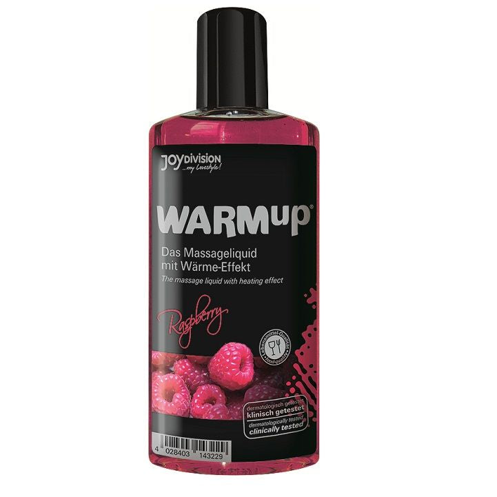 JOYDIVISION WARMUP raspberry massage oil 150ml in a clear bottle, with a warm, inviting texture and vibrant label.