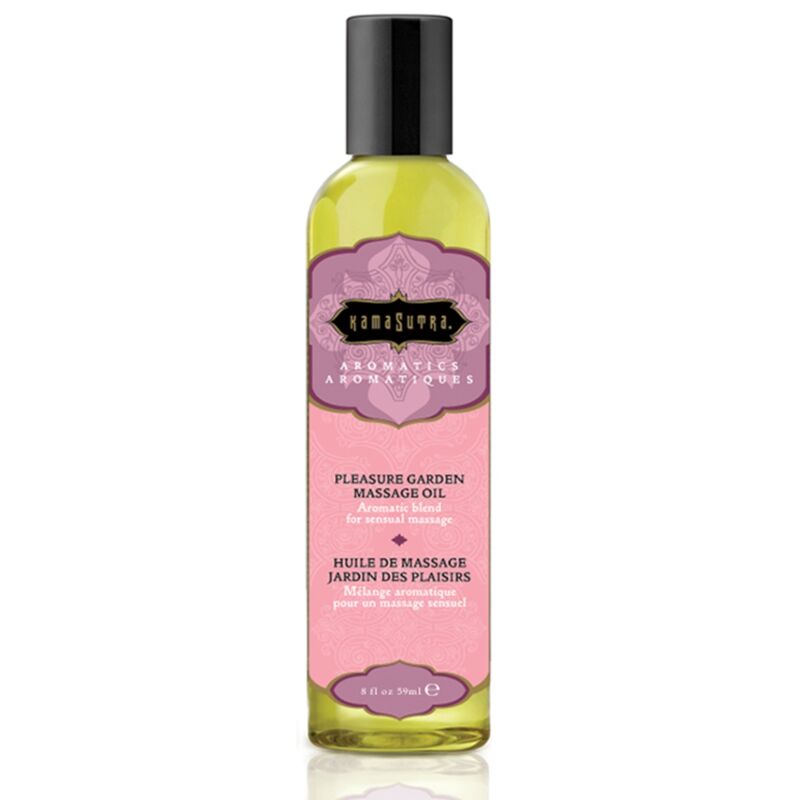 Aceite de masaje Kamasutra Jardín del Placer de 59 ml, frasco con aceite aromático y etiquetas de la marca Kamasutra Cosmetics.