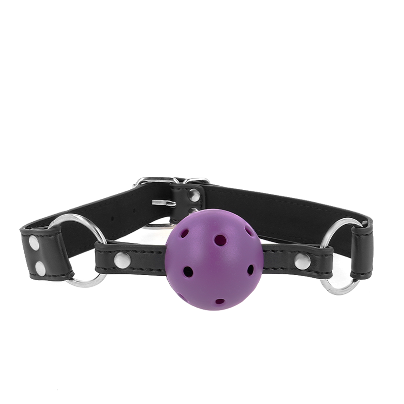 Mordaza de bola transpirable de 4 cm con doble remache morado, ajustable de 42 a 58 cm, de la marca KINK COLLAR & GAG.