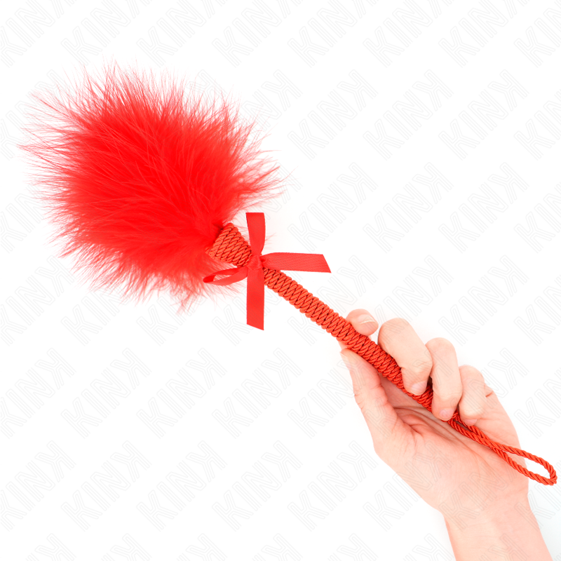Masajeador de cuerda de nailon con plumas y lazo rojo de 25 cm, de la marca KINK Impact & Touch, para cosquillas y relajación.
