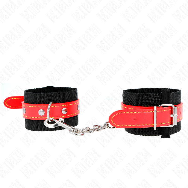 KINK - BLACK NYLON WRISTBANDS WITH ADJUSTABLE RED FAUX LEATHER STRAP 19-24 CM X 5.5 CM