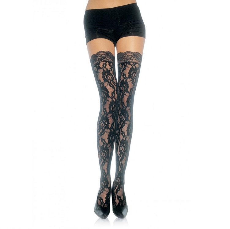 Leg Avenue floral lace stockings featuring intricate designs and a sheer finish, perfect for elegant outfits.