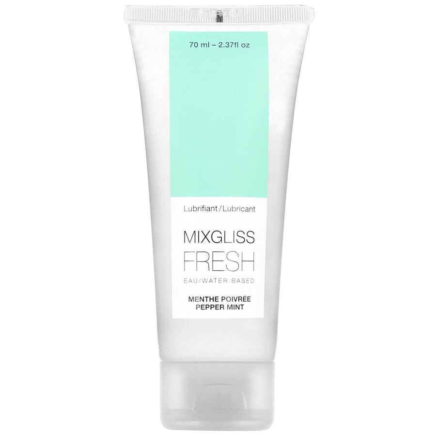 MIXGLISS water-based lubricant in mint flavor, 70 ml bottle with a cooling effect, displayed against a neutral background.