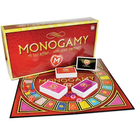 Couples game MONOGAMY featuring erotic content, with cards and accessories on a vibrant background.