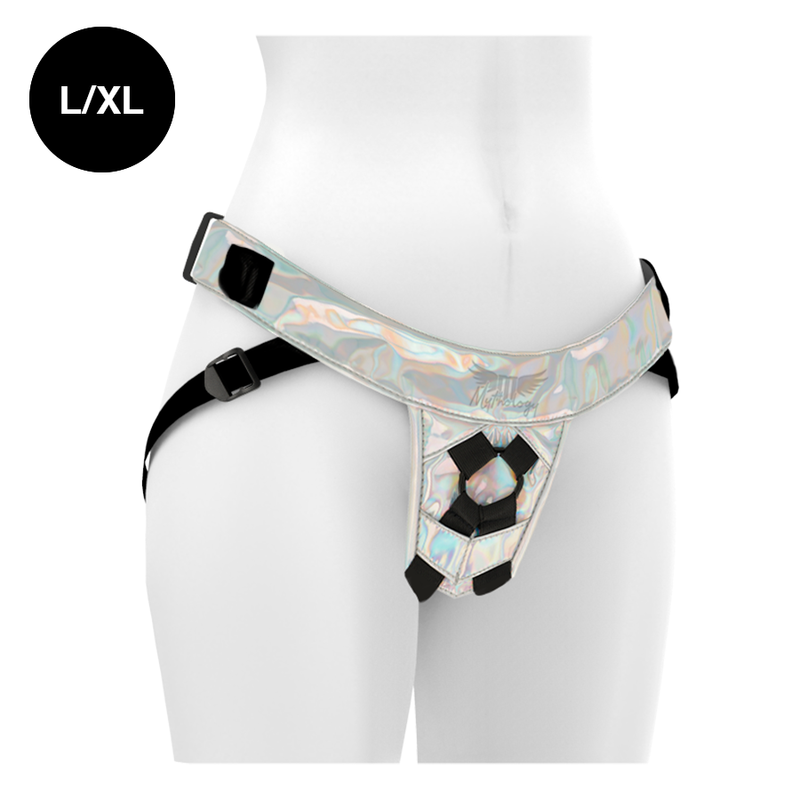 Arnés iridiscente Mythology Fantasy Harness en tamaño L/XL, con acabado brillante y diseño ajustable para uso cómodo y seguro.
