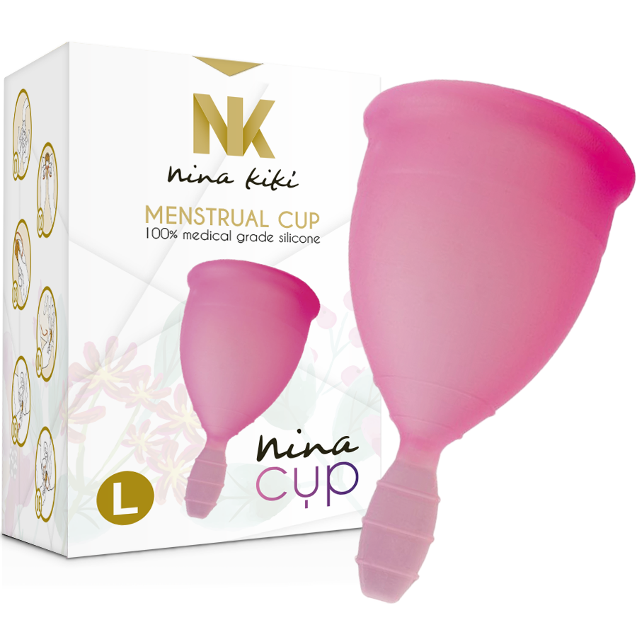 Copa menstrual rosa NINA KIKÍ, talla L, hecha de silicona suave, con diseño ergonómico y comodidad para el uso diario.