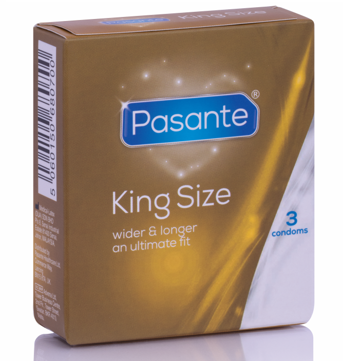 Preservativos Pasante King MS largos y anchos, paquete con 3 unidades, en envase blanco con detalles azules.